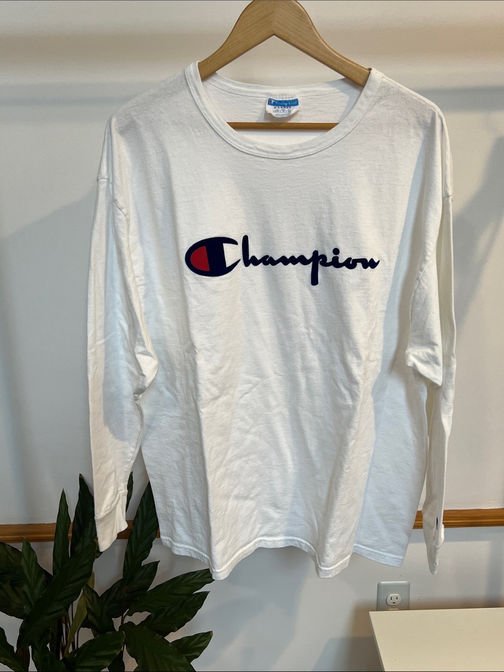 Vintage Champion White Long Sleeve Shirt with Navy and Red Script Logo- X-Large